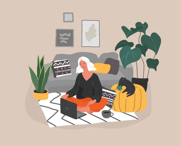 Cute woman sitting on chair with laptop in cozy scandinavian home interior. Gadget addiction concept. Girl spending time online. Daily life of social media networks user. Cartoon vector — 스톡 벡터