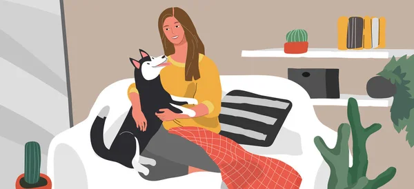 Girl sitting and resting on the couch with husky dog. Daily life and everyday routine scene by young woman, happy pet owner in scandinavian style cozy interior. Cartoon vector — 스톡 벡터