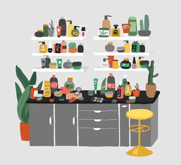 Verzameling van natuurlijke biologische cosmetica producten in flessen, potten, buizen voor de huid in trendy handgetekende stijl. Huidverzorging routine ingesteld. Cartoon vector — Stockvector