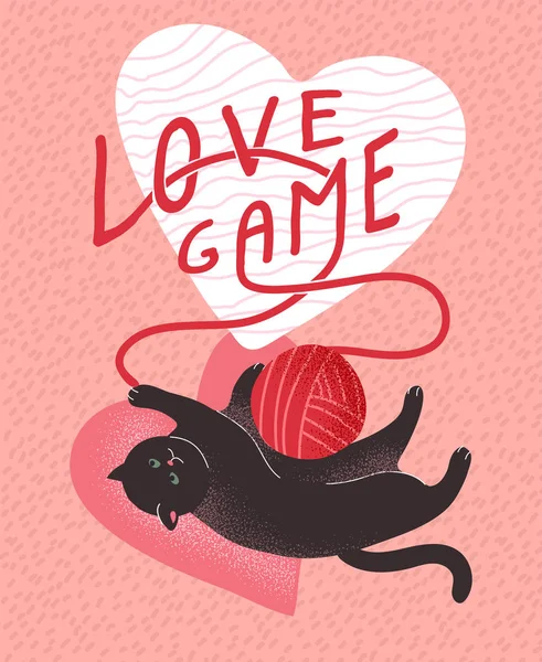 Juego de amor. Lindos gatos enamorados. Tarjeta de felicitación romántica de San Valentín o póster. Gato jugar con bola de hilo. Volantes, invitación, folleto. Diseño de dibujos animados vectorial — Archivo Imágenes Vectoriales