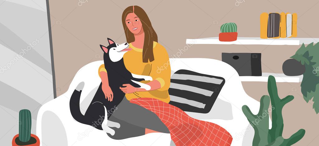 Girl sitting and resting on the couch with husky dog. Daily life and everyday routine scene by young woman, happy pet owner in scandinavian style cozy interior. Cartoon vector