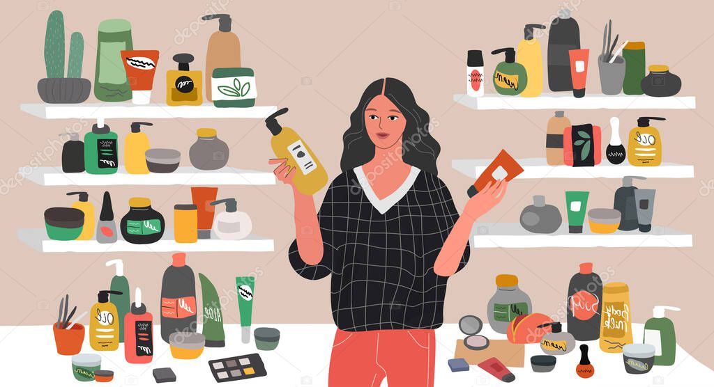 Cute young woman choosing natural cosmetics and eco products in store. Female shop assistant, cosmetic, skincare, makeup and beauty products buyer character. Cartoon vector