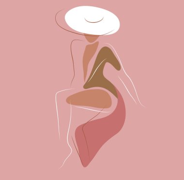 Kadınsı konsept tasarım şablonu ve çizimi. Dişilik, güzellik ve modern sanatla en az çizgisel tarzda moda illüstrasyonu yapan bir kadın. Soyut poster ve tişört baskısı