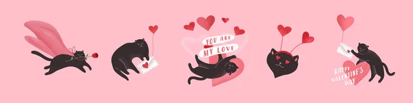 Lindos gatos enamorados. Set romántico de San Valentín para tarjeta de felicitación o póster. Gato dar corazón, con sobre de amor, gato héroe con rosa. Volantes, invitación, póster, folleto. Concepto de diseño vectorial — Vector de stock
