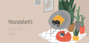 Ev bitkileriyle İskandinav tarzı rahat bir ev çizen sayfa şablonu. İskandinav tarzı mı, İskandinav tarzı mı? Çizgi film vektörü