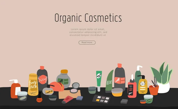 Collection of natural organic cosmetics products in bottles, jars, tubes for skin in trendy hand drawn style. Skincare routine set. Cartoon vector — 스톡 벡터