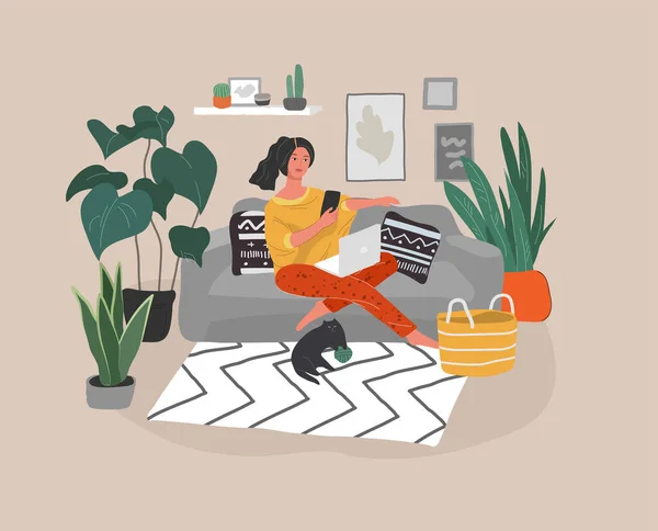 Cute woman sitting on chair with laptop in cozy scandinavian home interior. Gadget addiction concept. Girl spending time online. Daily life of social media networks user. Cartoon vector — Stock Vector