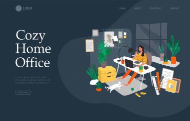 İskandinav tarzı ev ofisinde kedisiyle çalışan Freelancer tasarımcı kızla iniş sayfası şablonu. Günlük hayat ve günlük rutin sahne İskandinav tarzı rahat iç mekanlı genç bir kadının. Çizgi film