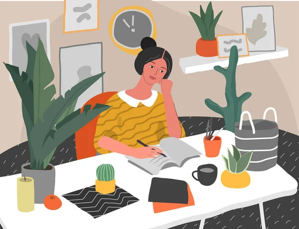 Giovane donna seduta alla scrivania in interni scandinavi con piante d'appartamento e pensando a cosa scrivere su carta bianca. Crisi della creatività, andare pensiero lavoro iniziare problema o imparare — Vettoriale Stock