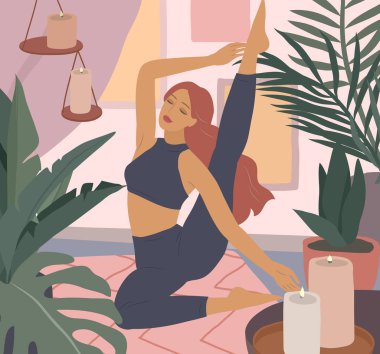 Yoga pozları veren tatlı bir kız. Ev bitkileriyle iç mekanlarda yaşayan genç bir kadının yaşam tarzı. Kadınlık, güzellik ve akıl sağlığıyla moda illüstrasyonu. Kadınsı çizgi film