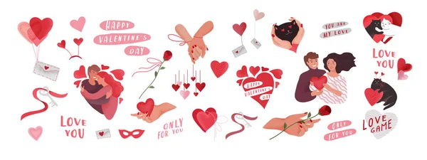 Día de San Valentín elementos de saludo conjunto para tarjeta o póster Corazones, sobre, feliz pareja romántica, manos tejidas, llave del corazón, tipografía de letras. Volantes, invitación. Concepto de diseño vectorial — Vector de stock