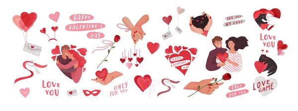 Día de San Valentín elementos de saludo conjunto para tarjeta o póster Corazones, sobre, feliz pareja romántica, manos tejidas, llave del corazón, tipografía de letras. Volantes, invitación. Concepto de diseño vectorial — Archivo Imágenes Vectoriales