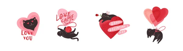 Lindos gatos enamorados. Set romántico de San Valentín para tarjeta de felicitación o póster. Gato volador en globo, juego de amor, gato héroe con rosa. Volantes, invitación, folleto. Concepto de diseño vectorial — Archivo Imágenes Vectoriales