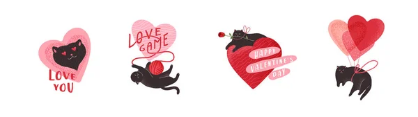 Chats mignons amoureux. Ensemble de Saint Valentin romantique pour carte de vœux ou affiche. Chat volant sur ballon, jeu d'amour, chat héros avec rose. Dépliants, invitation, brochure. Concept de conception vectorielle — Image vectorielle