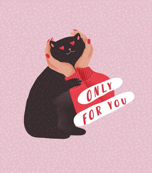 Μόνο για σένα. Χαριτωμένες γάτες ερωτευμένες. Ρομαντική κάρτα ή αφίσα για την Ημέρα του Αγίου Βαλεντίνου. Τα γυναικεία χέρια κρατούν το κεφάλι της γάτας στην αγάπη. Φλάιερς, πρόσκληση, φυλλάδιο. Σχεδιασμός διανυσματικών κινουμένων σχεδίων — Διανυσματικό Αρχείο