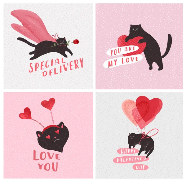 Lindos gatos enamorados. Tarjeta de felicitación romántica de San Valentín o póster. Gato volador en globo, entrega especial. Volantes, invitación, póster, folleto. Concepto de diseño vectorial — Vector de stock