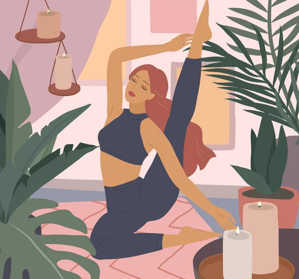 Jolie fille faisant des poses de yoga. Mode de vie par jeune femme à l'intérieur de la maison avec des plantes à la maison. Illustration de mode par féminité, beauté et santé mentale. Caricature féminine — Image vectorielle