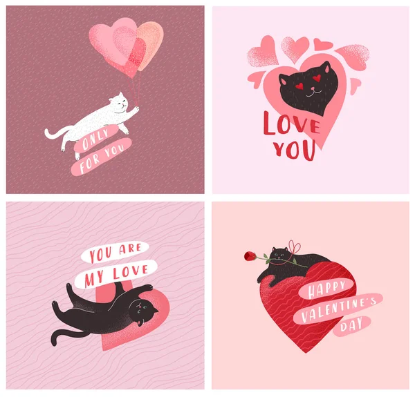 Lindos gatos enamorados. Tarjeta de felicitación romántica de San Valentín o póster. Gato dar corazón, gatito en las manos, con sobre de amor, gato héroe con rosa. Volantes, invitación, folleto. Concepto de diseño vectorial — Vector de stock