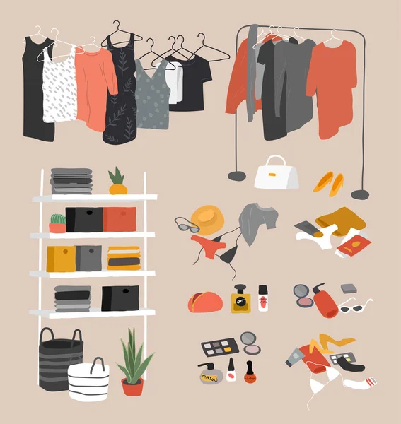 Een stel kleerkasten. Kast kastmeubelen binnen. Diverse tassen, schoenen, cosmetica en trendy kleding. Interieur dingen in Scandinavisch design stijl. Handgetekende geïsoleerde elementen — Stockvector