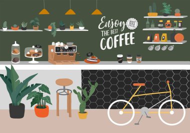 Kafe ya da kafenin iç tasarımı. Ev bitkileriyle İskandinav tarzı iç dekorasyon ve el yazısıyla yazılmış bir alıntı metni. Çizgi film el çizimi vektörü
