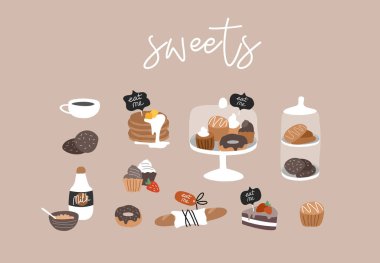 Fırın ya da el yapımı kafe koleksiyonu. Çizgi film yapımcısı seti. Tatlı, krep ve kurabiye, çörek ve ekmek, şeffaf bardakta pasta. Vektör