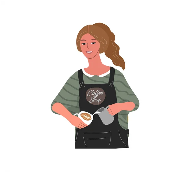Café coleção desenhada à mão. Mulher dos desenhos animados barista personagem fazer cappuccino ou arte latte. Sorrindo menina bonito em avental de café. Vetor —  Vetores de Stock