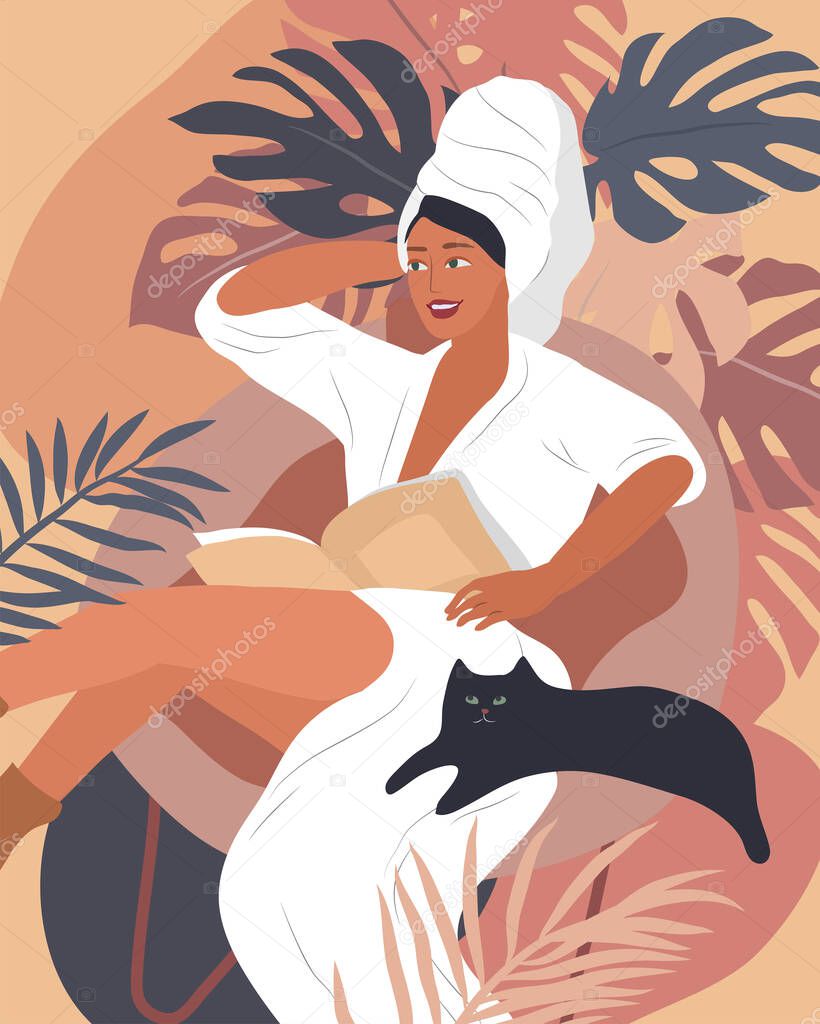 Feminine concept flyers. Happy cute girls resting with cat and home plants. Feminine Daily life by young woman concept. Fashion illustration by female beauty and mental