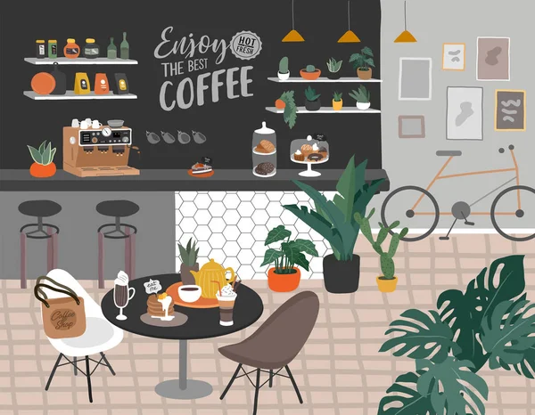 Coffee shop or cafe interior design. Scandinavian style interior with houseplants and handwritten quote text. Cartoon hand drawn vector — Stock Vector