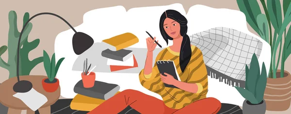 Een meisje zit op de vloer omringd door een laptop, boeken en papieren en schrijft in briefjes. Vrouw die thuis studeert of zich voorbereidt op examens. tiener student studeren hard in Scandinavisch — Stockvector