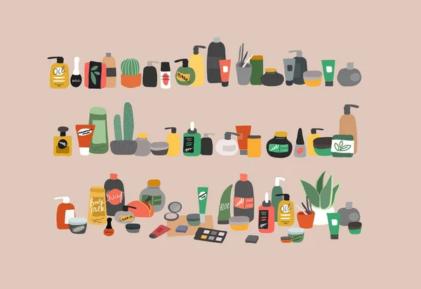 Collection de produits cosmétiques bio naturels en bouteilles, pots, tubes pour la peau dans un style tendance dessiné à la main. Ensemble de routine de soins de la peau. Vecteur de bande dessinée — Image vectorielle