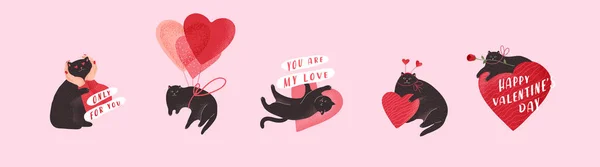 Lindos gatos enamorados. Set romántico de San Valentín para tarjeta de felicitación o póster. Gato dar corazón, gatito en las manos, gato héroe con rosa, gato volador en globo. Volantes, invitación. Concepto vectorial — Vector de stock