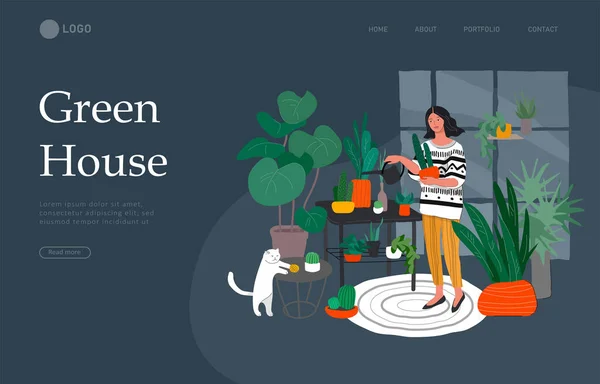 Landningssida Mall Med Flicka Vårda Krukväxter Urban Hem Trädgård Med — Stock vektor