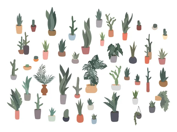 Verzameling van potplanten. Urban jungle, trendy home decor met planten, cactus, tropische bladeren. Set van huis indoor plant vector hand getekend cartoon — Stockvector