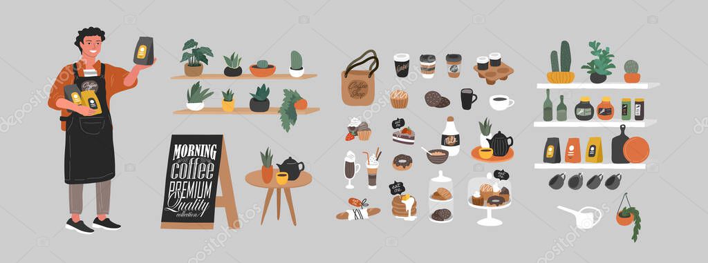 Coffee shop hand drawn collection . Cartoon constructor set. Houseplant and interior decoration, logo lettering and quote, barista character, coffee pots, sweet dessert. Vector illustration