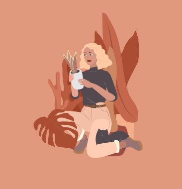 Şehir bahçesinde kedili ev bitkileriyle ilgilenen bir kız. Ev bitkileriyle genç bir kadının kadınsı tasviri. Çizgi film vektör illüstrasyonu.