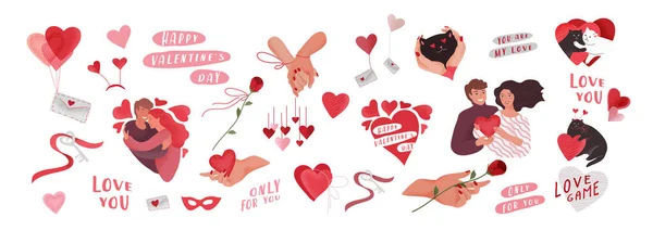 Día San Valentín Elementos Saludo Conjunto Para Tarjeta Póster Corazones — Archivo Imágenes Vectoriales