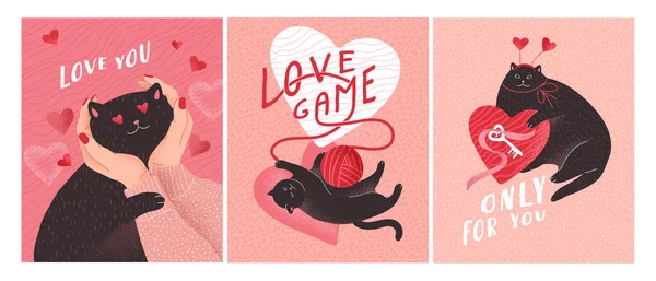 Lindos Gatos Enamorados Tarjeta Felicitación Romántica San Valentín Póster Gato — Vector de stock