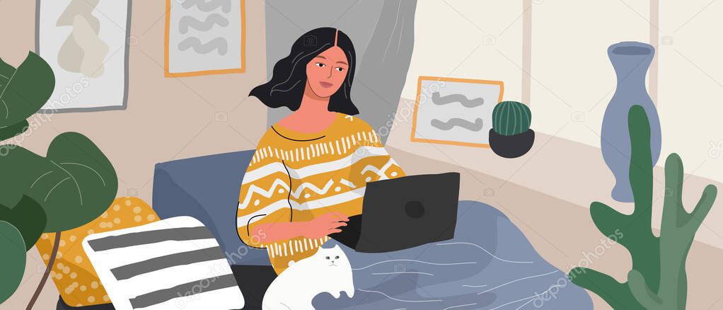 Cute woman sitting on chair with laptop in cozy scandinavian home interior. Girl with a cat relaxing at home. Daily life of young woman, everyday routine. Cartoon vector illustration
