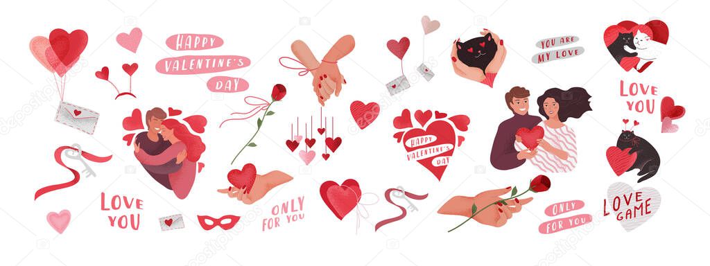 Valentines Day greeting elements set for card or poster Hearts, envelope, happy romantic couple, woven hands, key of heart, lettering typography. Flyers, invitation. Vector design concept. Cartoon