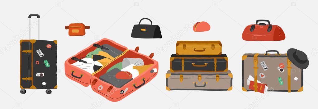 Set of various vintage, retro luggage bags, open suitcase with packed travel stuff, case, clutch and clothes. Hand drawn trendy colorful isolated design elements. Cartoon vector illustration