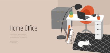 Ev bitkileriyle İskandinav tarzı rahat ofis resimleriyle dolu bir sayfa şablonu. İskandinav tarzı mı, İskandinav tarzı mı? Çizgi film vektör illüstrasyonu