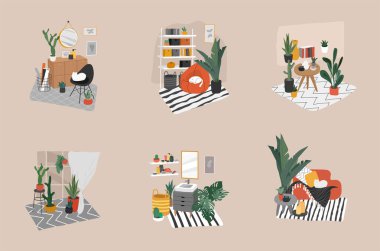 El yapımı İskandinav tarzı banyo, ev ofisi ve oturma odası. İç kısımları ev bitkileriyle donatılmış İskandinav tarzı. Çizgi film vektör illüstrasyonu