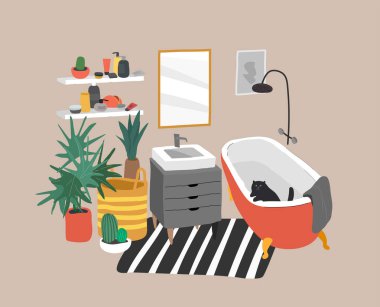 Scandinavian or Nordic style interior. Hand drawing Scandinavian, style cozy bathroom with homeplants. Cartoon vector