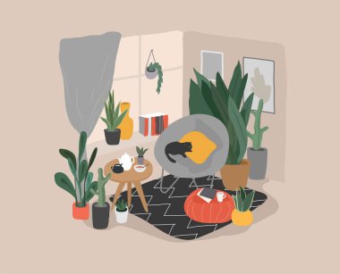 İskandinav ya da İskandinav tarzı oturma odası. El çizimi İskandinav tarzı ev bitkileriyle iç içe. Çizgi film vektör illüstrasyonu.