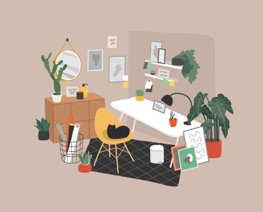 İskandinav tarzı mı, İskandinav tarzı mı? El çizimi tarzı ev ofisi. Ev bitkileriyle iç içe. Çizgi film vektörü