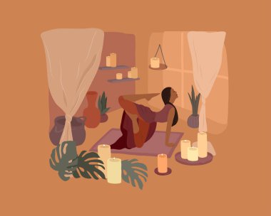 Yoga pozları veren tatlı bir kız. Ev bitkileriyle iç mekanlarda yaşayan genç bir kadının yaşam tarzı. Kadınlık, güzellik ve akıl sağlığıyla moda illüstrasyonu. Kadınsı karikatür çizimi