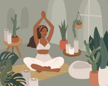Yoga pozları veren tatlı bir kız. Ev bitkileriyle iç mekanlarda yaşayan genç bir kadının yaşam tarzı. Kadınlık, güzellik ve akıl sağlığıyla moda illüstrasyonu. Kadınsı karikatür çizimi