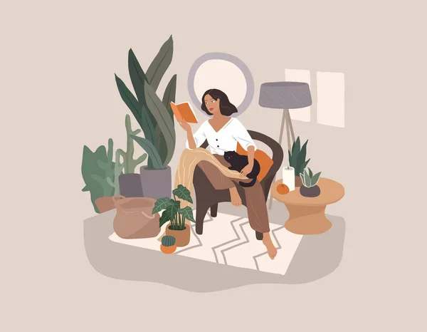 Douce Fille Lisant Livre Reposant Avec Chat Café Féminin Vie — Image vectorielle