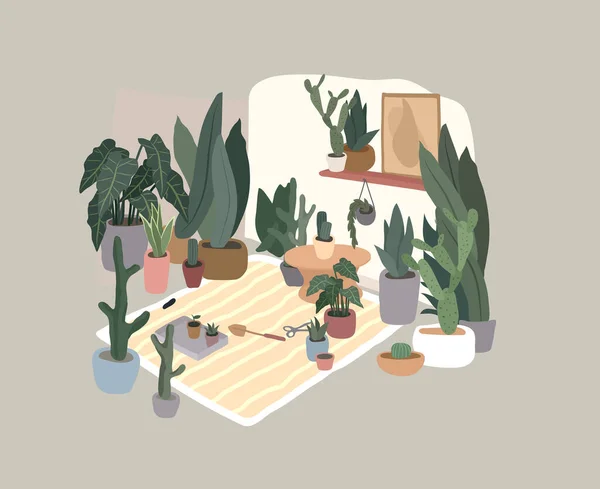 Plantas Casa Huerto Urbano Con Gato Interior Del Salón Estilo — Vector de stock