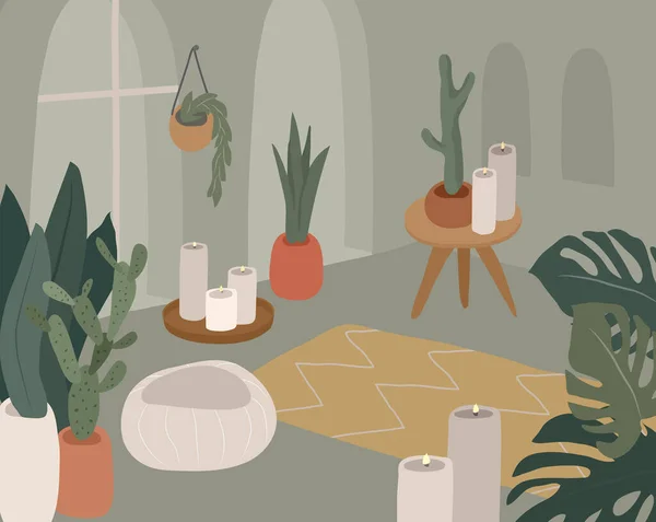 Intérieur Confortable Avec Des Plantes Maison Endroit Calme Pour Yoga — Image vectorielle